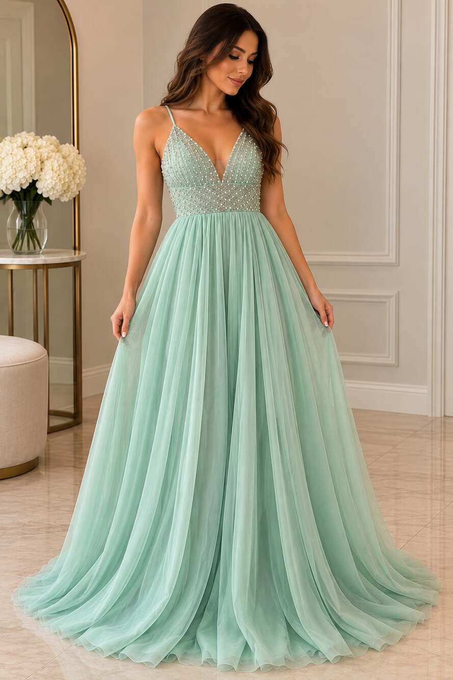 Tiffany Designs Beaded V-Neck Tulle Prom Dress Mint Green